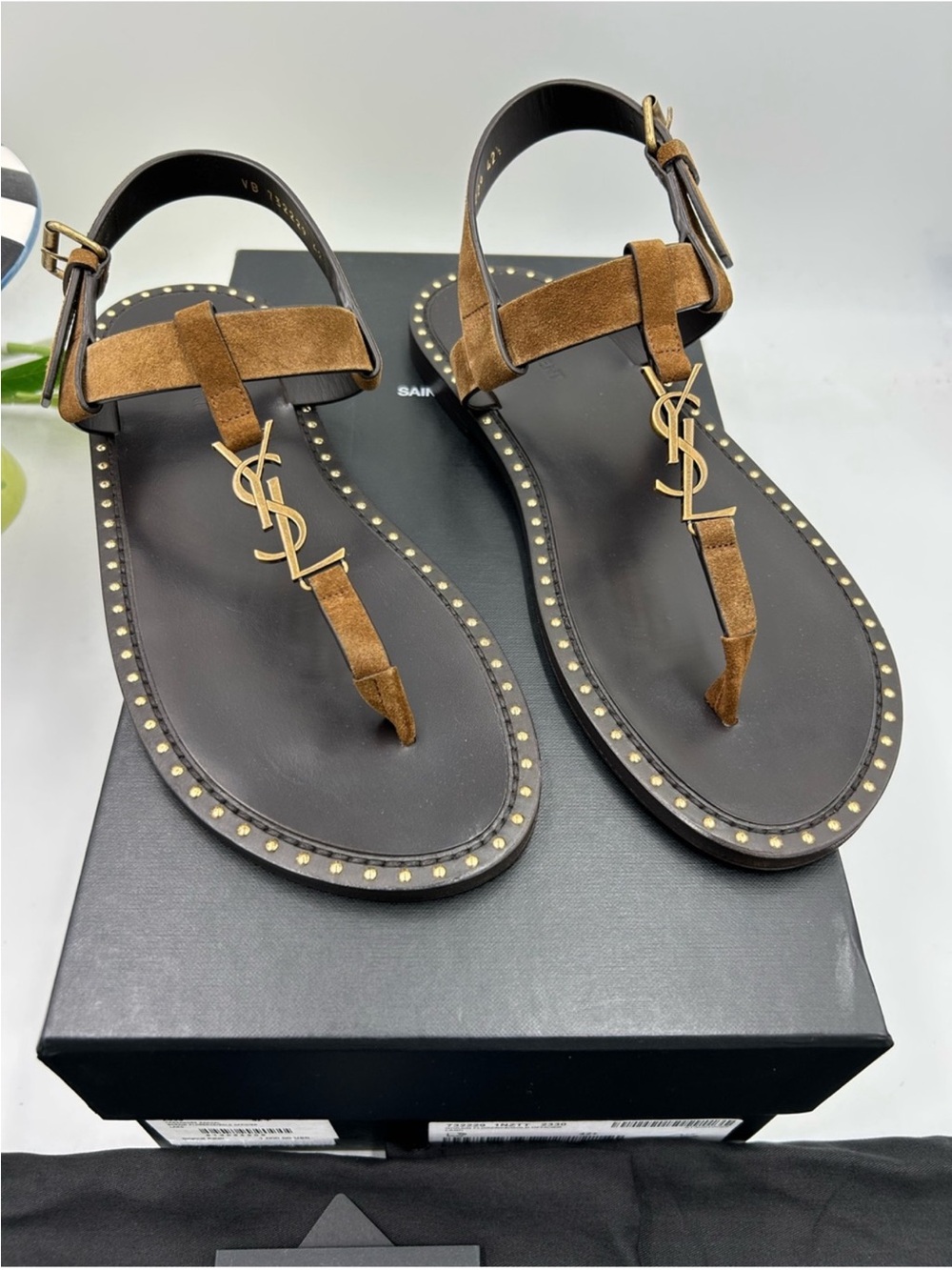 Saint Laurent Brown Suede T-Strap Logo Sandals CASSANDRE. Size 43 - Picture 3 of 7